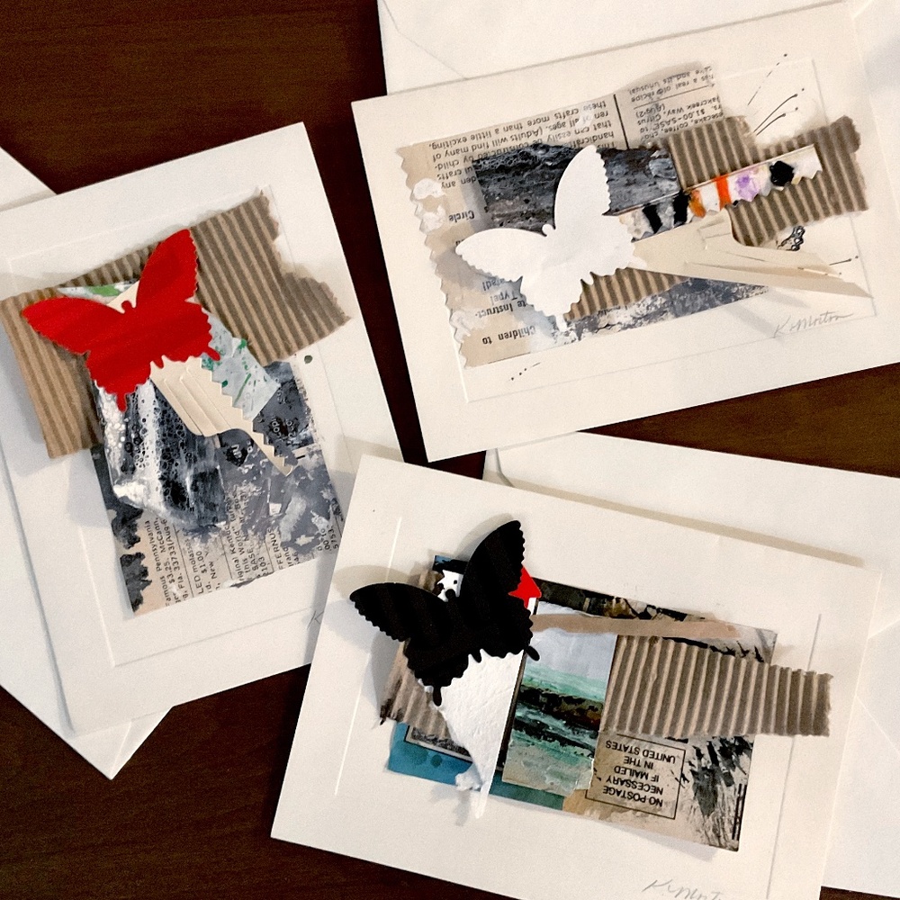 Bundle of 3 Hand made,Collage Butterfly Blank Greeting Cards